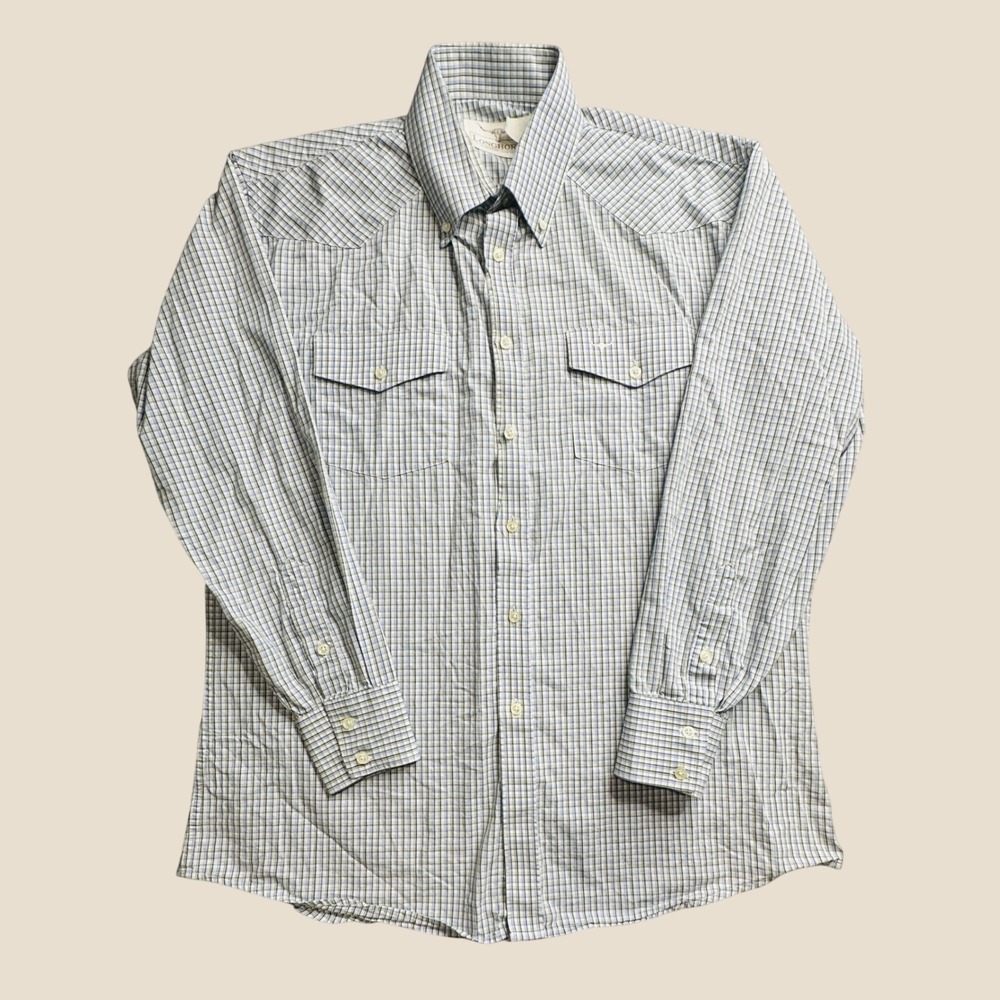Vintage Longhorn Shirt Mens 16x33 Blue Tan Plaid Button Down Niver Western Wear
